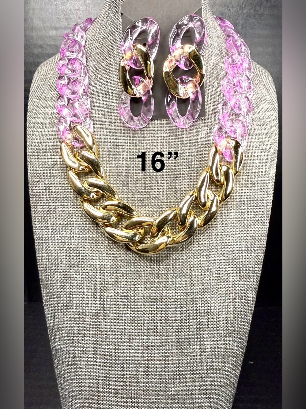 93. Gold Chain Necklace with Pink Resin Links